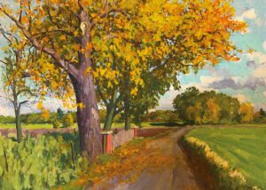 Herbstweg unter goldenen Bäumen