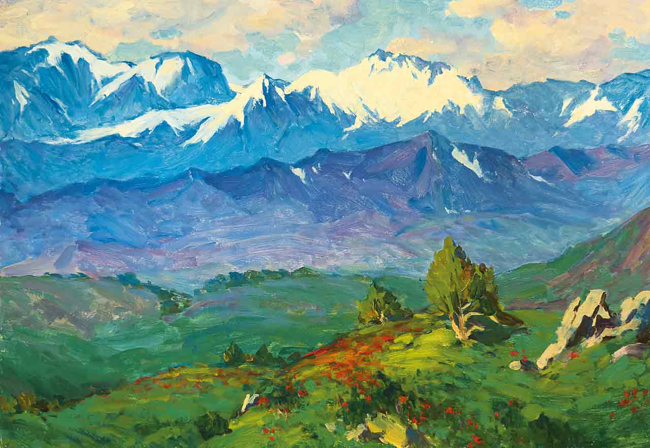 Bergwiese vor Schneegipfeln