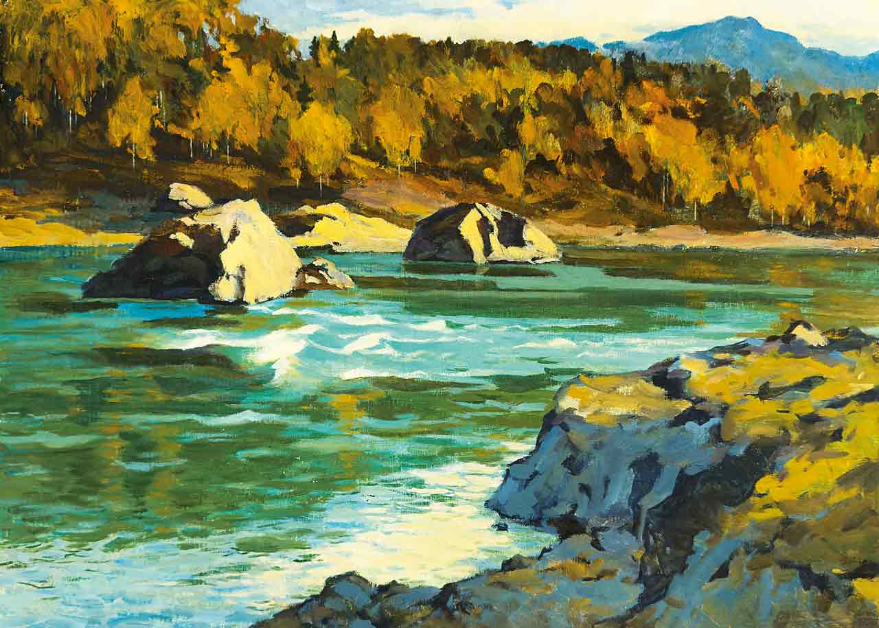 Herbstfluss mit Felsen