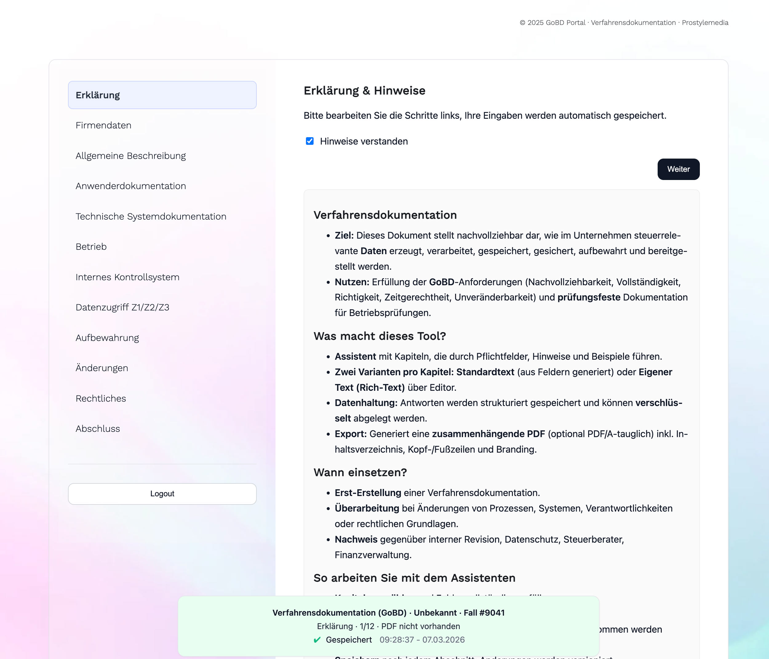 Ansicht Verfahrensdokumentation